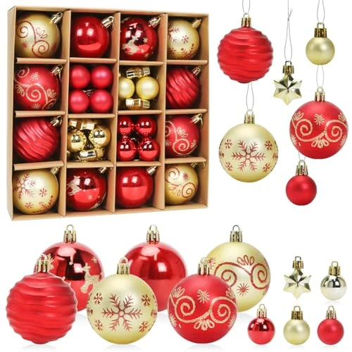 Christmas Baubles Red Gold, 44 Pieces Christmas Tree Baubles Plastic Set, Christmas Decoration Baubles Star, Christmas Tree Decorations Large and Small, Christmas Tree Decoration