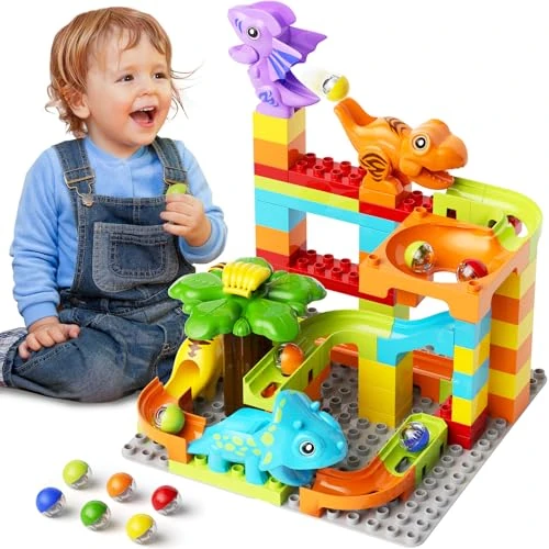 burgkidz Dinosaur Marble Run Building Blocks, 78 Pcs Interactive Ball Tracks Maze Game Construction Toys Building Set, STEM Educational Gift for Kids Ages 3 4 5 6 7 8 Years