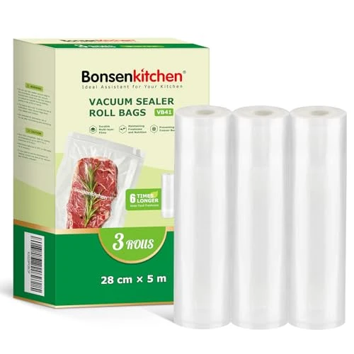 Offre limitee: Bonsenkitchen Sacs sous Vide Alimentaire 3 Rouleaux 28 cm x 5 m, pour la Conservation des Aliments Sous Vide Et la Cuisson Sous Vide, Sans BPA, VB41 de 14.99 EUR a 12.74 EUR (economie 15%)