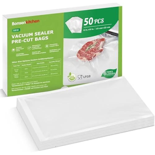 Bonsenkitchen vacumeerzakken 15x23cm, 50 zakken professionele foliezakken voor alle vacumeermachines, vacuümzakken voor voedsel, sous vide diepvrieszakken, krimpfoliezakken, BPA-vrij, VB30
