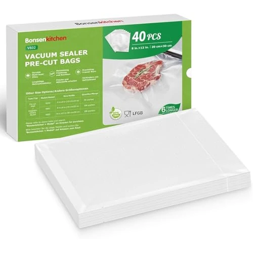 Bonsenkitchen Vacuum Seal Reusable Plastic/Nylon Rectangular Bags 40 Bags 20 x 30 cm Clear