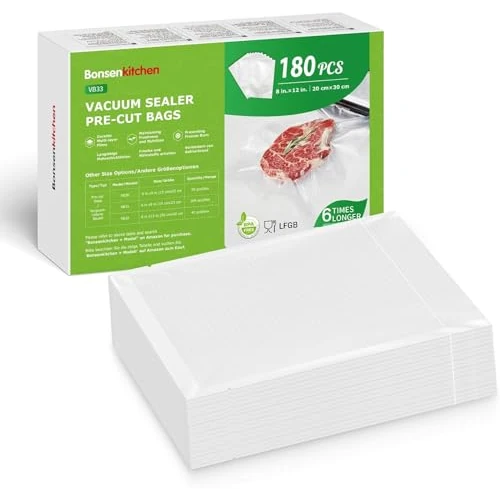 Bonsenkitchen Professionele vacuümzakken, 180 zakken 20x30cm vacuümzakken voor alle vacuümsealer- en voedselvacuümsealerapparaten, kookvaste en sous-vide diepvrieszakken, BPA-vrij, VB33