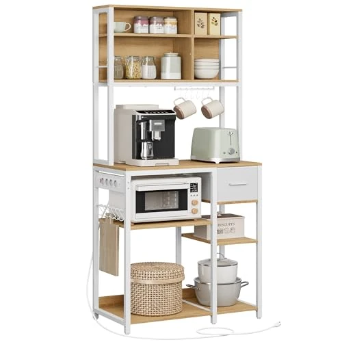 VASAGLE Küchenregal mit Steckdosen, Standregal, 40 x 80 x 180,4 cm, Backregal, verstellbare Ablagen, Stoffschublade, 12 Haken, Küche, goldeichenfarben-wolkenweiß KKS015Y02