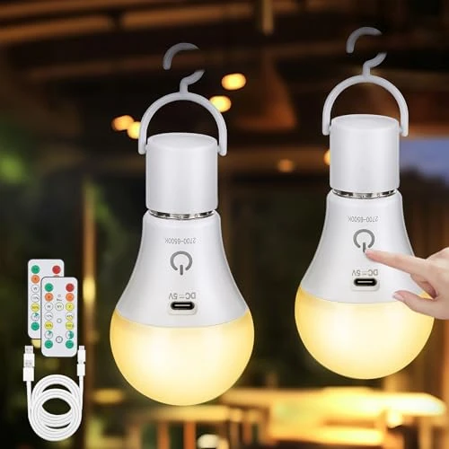 Kimjo Wiederaufladbare Glühbirne mit Batterie - 7W Aufladbare Glühbirne mit Fernbedienung E27 USB 3 Farben Dimmbare - Touch Control Outdoor Notlicht 2 Stück