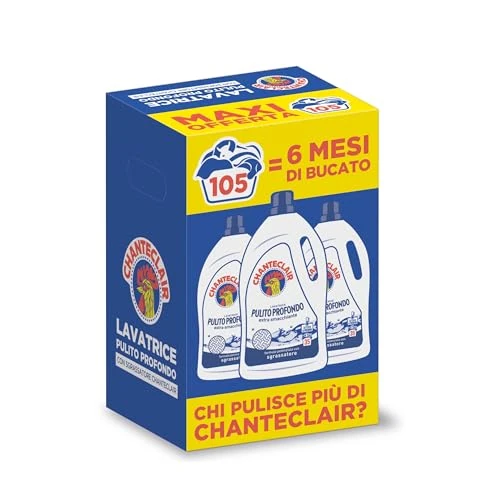 Offerta a tempo: Chanteclair - Detersivo per Lavatrice Pulito Profondo, Rimuove le Macchie più Difficili, Bucato Pulito e Duraturo - 3 Flaconi da 1575 ml - 40% da 15.99 € a 9.64 €