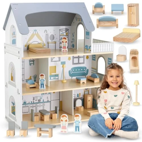 Oferta limitada: Mamabrum Casa de Muñecas Madera con 3 Niveles y Terraza - Casa de Muñecas Madera 70,4cm con 5 Habitaciones, Muebles y Accesorios - Juguete Infantil en Colores Sutiles de 79.99 EUR a 39.90 EUR (ahorro 50%)
