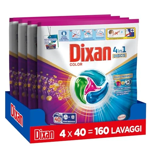 Offerta a tempo: Dixan DISCS 4in1 Color Detersivo Lavatrice, 4 confezioni da 40 lavaggi, Capsule lavatrice per colori vivaci, pulizia profonda del bucato e freschezza igienica per lavatrice, Rimuove le macchie da 20°C - 29% da 56.10 € a 39.80 €