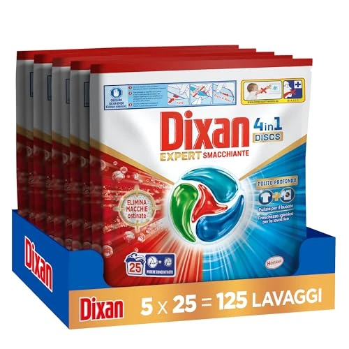 Offerta a tempo: Dixan DISCS 4in1 Expert - Smacchiante Detersivo Lavatrice - 125 Lavaggi (5 Confezioni x 25 Capsule) — 34% da 58,40 € a 38,28 €