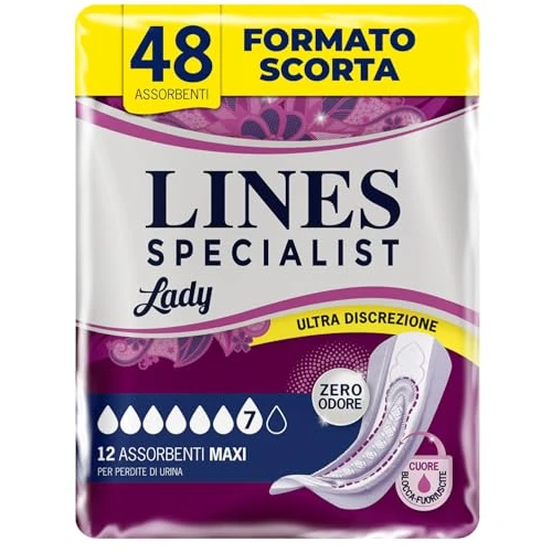 Offerta a tempo: Lines Specialist Lady Maxi, Assorbenti per Incontinenza Donna, con Tecnologia Zero Odore e Barriere Laterali Protettive, Scorta Mensile, 4 Confezioni da 12 Unità — 35% da 29,36 € a 18,96 €