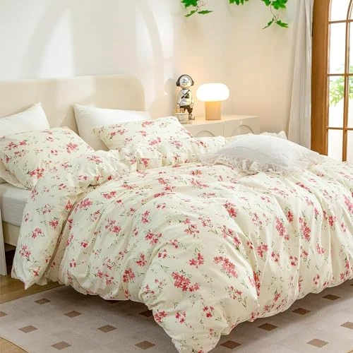 Freyamy Bloemen Dekbedovertrek 240x260+2 Kussenslopen 65x65cm Beige Roze Groen Bloemen Bladeren Beddengoed Set 2 Personen Volwassen Bloemen Microvezel Dekbedovertreksets met Rits