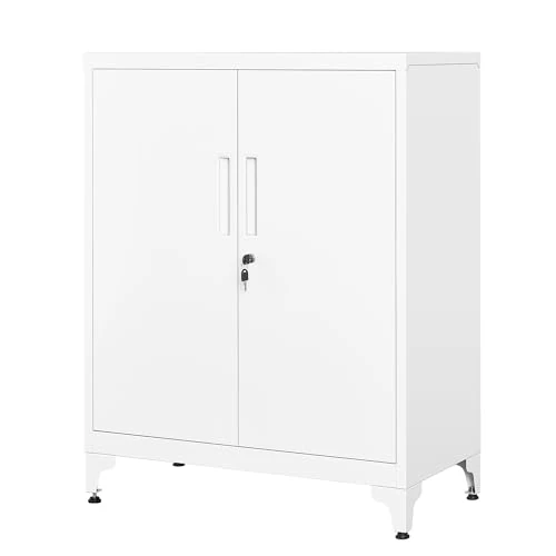 SONGMICS Archivador de Oficina, Armario Multifuncional, 2 Puertas, con Cerradura, Almacenamiento de Acero, para Sala de Estar, Blanco Mate OMC013W01