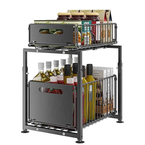 Offerta a tempo: YunNasi Organizzatore sotto il lavandino 2 livelli regolabile in altezza armadio portaoggetti in metallo da cucina organizer scorrevole per bagno organizer multiuso per armadio (Nero, Modello-A) - 20% da 37.99 € a 30.27 €