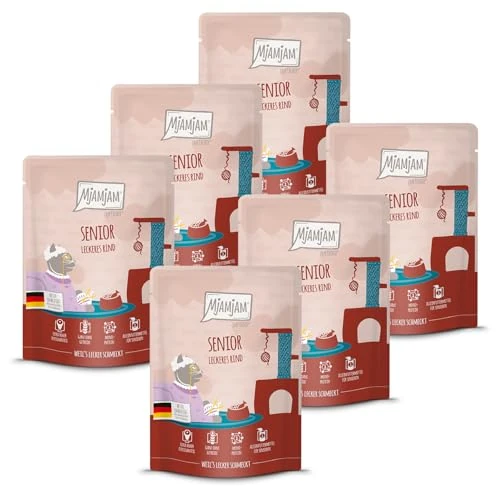 MjAMjAM - Premium wet food for cats - Quetschie - Senior - delicious beef, 6 pack (6x300g), grain-free