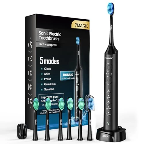 Elektrische tandenborstel, sonische tandenborstel, stille modus, elektrisch met 3 intensiteiten, 5 modi, 40000VPM, IPX7, 90 dagen batterijduur en timer, Ridder, zwart