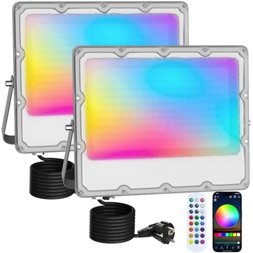 Offerta a tempo: MEEKBOS 2 Pezzi Faretto LED RGB Esterno 150W, Dimmerabile Faro LED RGB | con APP Bluetooth e 2.4G Telecomando,IP66 Impermeabile Proiettore per Giardino, Pasqua, Partito, Halloween, 15000LM - 10% da 85.99 € a 77.39 €