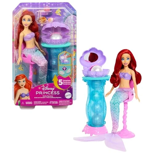 Tijdelijke aanbieding: Mattel Disney Prinses speelgoed, Ariel kaptafel pop zeemeermin modepop met afneembare staart en kaptafel met 5 herhaalbare pop-up verrassingen en 5 accessoires, JBF86 van 27.12 EUR naar 16.27 EUR (korting 40%)