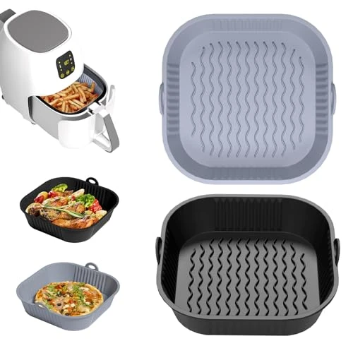 Diboniur Molde Silicona Freidora de Aire 5-8L, 2 Piezas 21cm Bandeja Recipientes para Freidora sin Aceite, Reutilizable Molde Silicona Cuadrado Cesta para Air Fryer, Microondas, Horno, Negro y Gris