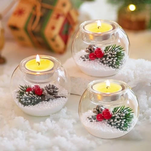 Offerta a tempo: Glasseam Portacandele di Natale in Vetro: Set di 3 Portacandele Decorativi Natalizi con Bacche Rosse E Pigne Portacandele Votive per Centrotavola, Regalo per Feste - 35% da 21.98 € a 14.29 €