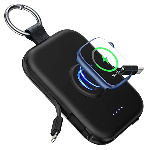 Offerta a tempo: RORRY Power Bank, batteria esterna da 5000 mAh con cavo integrato, per iPhone 17/16/15/14/13/12, Apple Watch Ultra/11/10/9/8/7/6/SE, nero - 16% da 39.80 € a 33.54 €