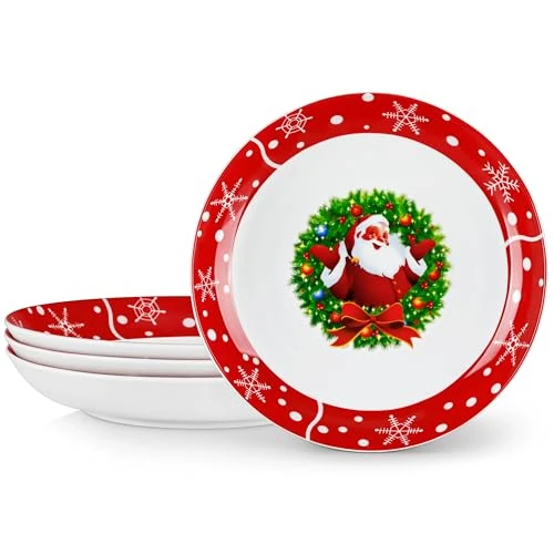 VEWEET Pastakom Set van 4, Saladeborden Set 27cm Porselein voor Kerstmis, Serie SANTACLAUS