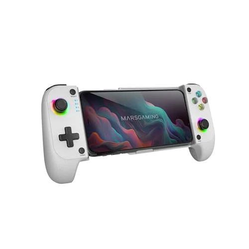 Mars Gaming MGPX, Manette Bluetooth 5.0 2en1, RGB Neon, Double Vibration et Fonction Turbo, Support Smartphone jusqu'à 6.8", Manette Multifonction Compatible PC, Android, iOS et Consoles, USB-C,Blanc
