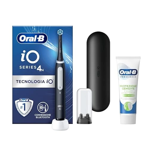 Oral-B Cepillo de dientes eléctrico recargable iO 4 negro, 1 cabezal de repuesto, 1 estuche de viaje + pasta de dientes Oral B Pro-Science Protector de encías Limpieza profunda 75ml