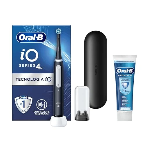 Oral-B Brosse à dents électrique rechargeable iO 4 noire, 1 brosse de rechange, 1 brosse à dents électrique Oral B, étui de voyage + dentifrice Pro-Science Advanced régénérant vernis à ongles 75 ml