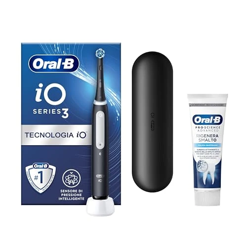 Oral-B Cepillo de dientes eléctrico recargable iO 3 negro, 1 cabezal de repuesto, 1 estuche de viaje + pasta dental Pro-Science Advanced regeneradora esmalte de uñas Limpieza diaria 75 ml 1 cepillo de