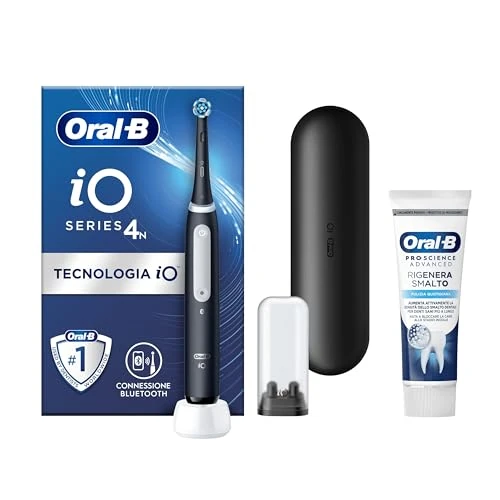 Oral-B Cepillo de dientes eléctrico recargable iO 4 negro, 1 cabezal de repuesto, 1 estuche de viaje + pasta de dientes Pro-Science Advanced esmalte de uñas regenerado 75 ml. 1 cepillo de dientes