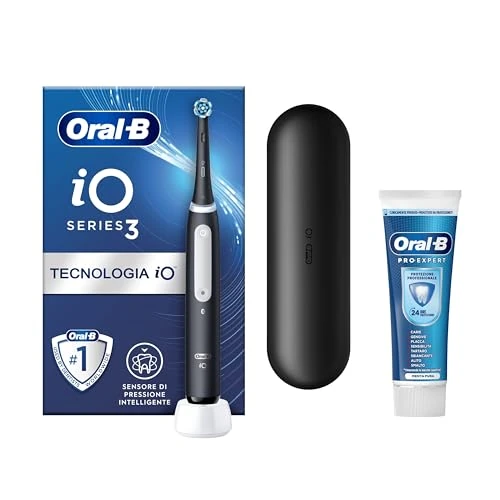 Oral-B Cepillo de dientes eléctrico recargable iO 3 negro, 1 cabezal de repuesto, 1 estuche de viaje, + pasta de dientes profesional Oral-B Pro, 75 ml, 1 cepillo de dientes