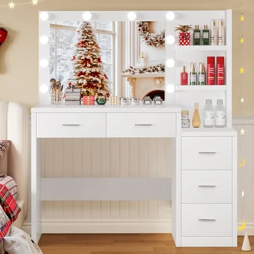 FIONESO Large Makeup Vanity with Large Mirror and LED Lights, Makeup Table with 5 Drawers, 2 Open Shelves, Dressing Table with Charging Station, Dressing Table for Girls, White