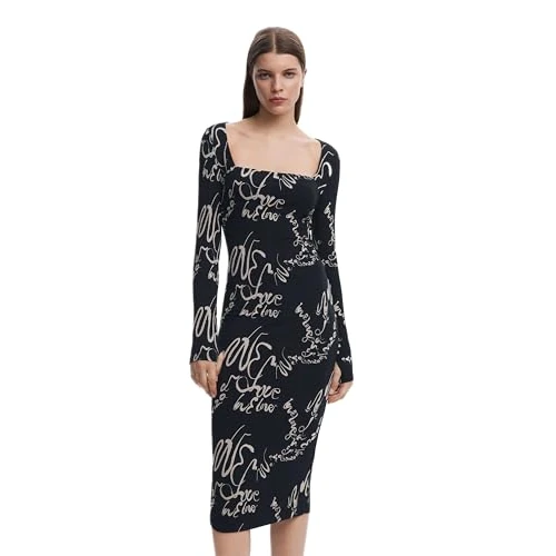 Limited-time offer: Desigual Valencia Black Ribbed Fitted Midi Dress with Lettering 25SWVK05 from 35.84 GBP to 35.84 GBP (save 0%)