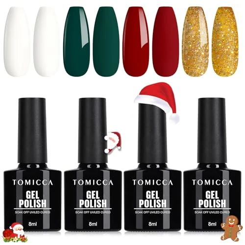 Offre limitée : TOMICCA Vernis Semi Permanent Noël Set, 4 Couleurs Rouge Vert Blanc Paillettes Vernis à Ongles, Soak-Off UV/LED Vernis Gel UV Cadeau pour Studio de Manucure DIY Home, 8ML de 5.67 EUR à 5.39 EUR (remise 5%)