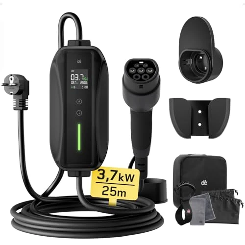 dé Schuko Type 2 Electric Car Charging Cable 25 m [3.7kW| 6-16A] Electric Car Charging Column, Portable Wallbox with Digital LCD and Holder Compatible with Model 3/Y, Seal U and Other EV/PHEV