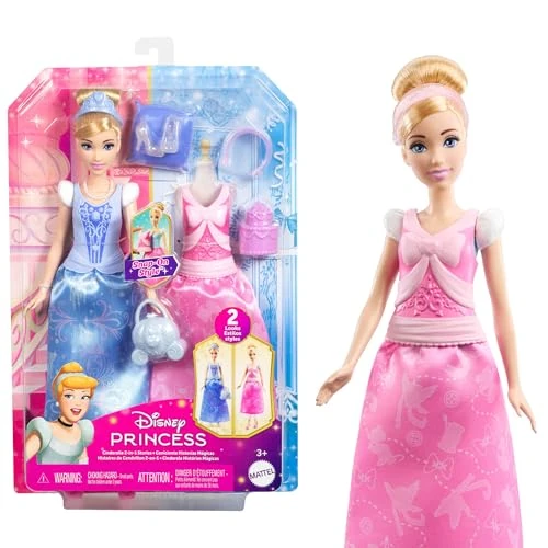 Mattel Disney Princess Toys, Cinderella Fashion Doll with 2 Looks, 9 Accessories, 2 Snap-On Bodices & 2 Skirts, 2-in-1 Stories Inspired by Disney Movie, JCR95
