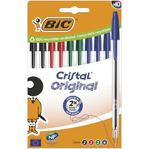 BIC Cristal Original Ballpoint Pens Medium Point (1 mm) – Perfect for School and Office – Assorted Ink Colours, Box of 10