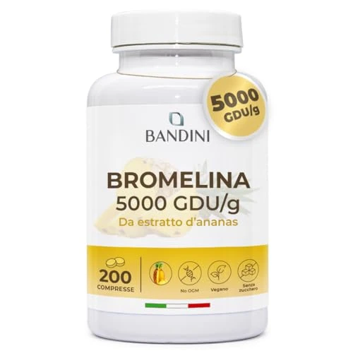 Bandini® Bromelaïne Sterk Drainage 5000 GDU/g | 200 maagresistente Tabletten | Natural Pineapple Enzyme | 100% Vegan & High Dose | Detox Spijsverteringsenzymsupplement | Bevordert de Spijsvertering