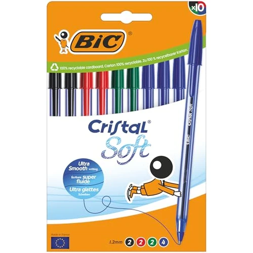 Offre limitée : BIC Cristal Soft Stylos-Bille Pointe Moyenne (1,2 mm) - Écriture Douce et Fluide - Couleurs Assorties, Boîte carton de 10 de 2.69 € à 2.69 € (0.0% de remise)