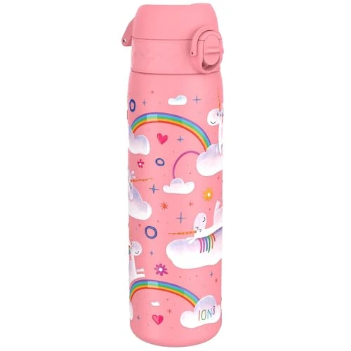 ion8 Botella Agua Inox Ligero, 600ml, Sin Aislamiento, a Prueba de Fugas, Fácil de Abrir, Aptas para Lavavajillas, Cerradura Segura, Fácil de Limpiar, en Relieve, Rosa Unicornio