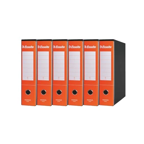 Esselte ESSENTIALS G75 Enregistreur avec étui, avec mécanisme à levier, format protocole, 23 x 33 cm, dos de 8 cm, orange, lot de 6 pièces, 390775200