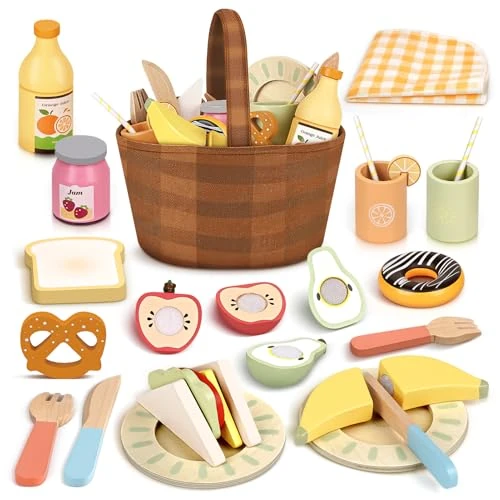 Begrenztes Angebot: Dreamon Kinderküche Zubehör Holz Spielzeug, Spielküche Zubehör Picknickkorb Kinder mit Holz Obst Zum Schneiden, Holzspielzeug Baby 3 Jahre Jungen Mädchen Geschenke von 24.99 EUR auf 24.99 EUR (Rabatt 0%)