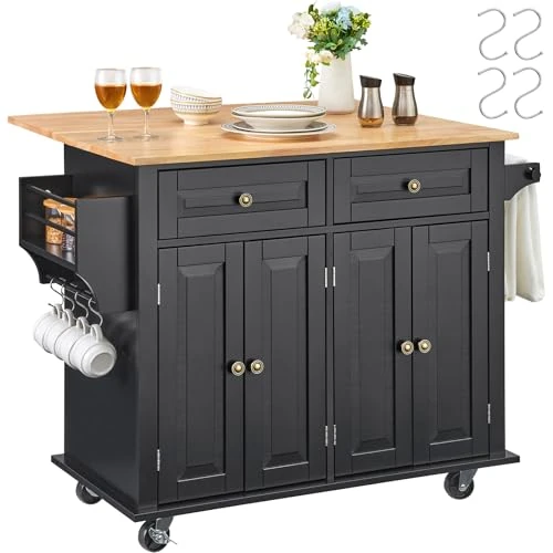 Zeitlich begrenztes Angebot: VEVOR Kücheninselwagen, 110 cm mobiler Wagen mit Holzplatte und Lagerschrank, Rolltisch mit Klappplatte, Gewürzregal, Handtuchhalter, verstellbarem Regal, Schublade und Haken, tragbare Inseln Rollbar von 183.78 € auf 183.78 € 