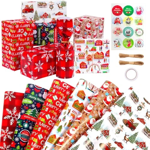 Niviy Cadeaupapier voor Kerstmis, 6 vellen kleurrijk kerstpapier, set met stickers, plakband, touw, sneeuwvlokken, kerstmanpatroon, cadeaupapier voor kinderen, verjaardagsdecoraties, 70 x 50 cm