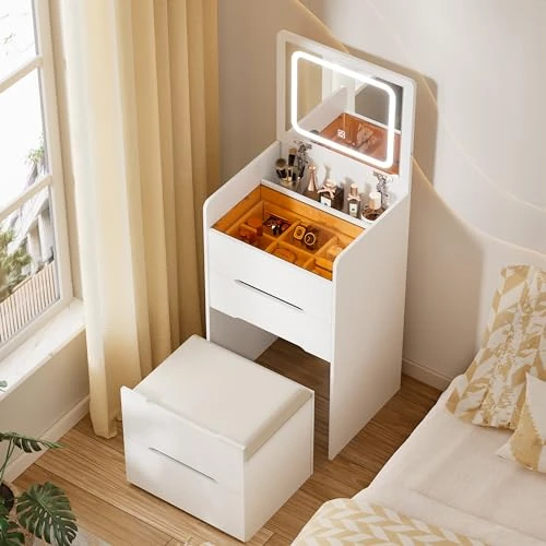 Tijdelijke aanbieding: Make-uptafel met inklapbare spiegel en ledverlichting, 3-in-1, toilettafel voor slaapkamer, kaptafel met zichtbaar glasplaat, compact met 3 laden en gevoerde kruk, badkamertafel van 139.99 € naar 139.99 € (0.00% korting)