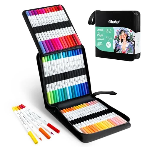 Limited-time offer: Ohuhu Markers Paper-friendly No Peeling Water-based 60 Colors Dual Brush Fineliner Tips Markers for Adult Coloring Books No Bleeding Coloring Markers for Kids Beginner Calligraphy - Pupe from $29.99 to $25.99 (save 13%)