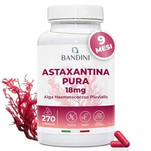 Bandini® Astaxantina pura 18 mg por cápsula, 270 cápsulas (suministro para 9 meses), Natural Astaxanthin de Alga Haematococcus Pluvialis, sin estearato de magnesio, sin OGM, 100% vegano