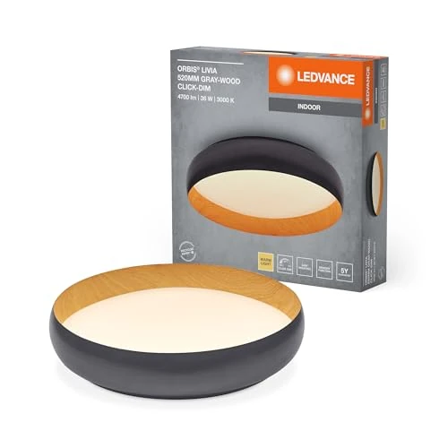 Limited-time offer: LEDVANCE ORBIS Livia LED-Deckenleuchte mit Metallring, grau/Holzdekor, 36W, 2000lm, 3000K, 520mm, 830 freundliches Warmweiß, durch Klicken in 3-Stufen dimmbar, IP20, Schrauben/Dübel inklusive from 75.54 GBP to 75.54 GBP (save 0%)