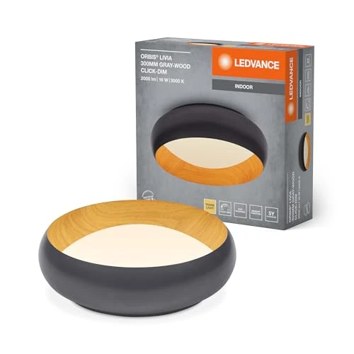 Offerta a tempo: LEDVANCE Plafoniera LED ORBIS Livia con anello in metallo, decoro grigio/legno, 16W, 750lm, 3000K, 300mm, 830 bianco caldo amichevole, dimmerabile in 3 livelli con un clic, IP20, viti/tasselli inclusi - 18% da 44.95 € a 36.71 €
