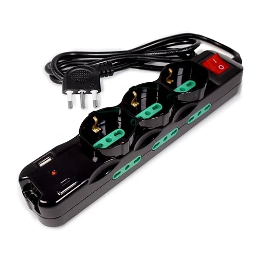 Tecnoware Power Systems Power Cleaner 9 Power Strip, 3 Sockets Italy/Schuko, 6 Sockets Italy 10/16A, 1 USB-A Port, 1 USB-C Port, Quick Charger 3.0, Illuminated Switch, Black