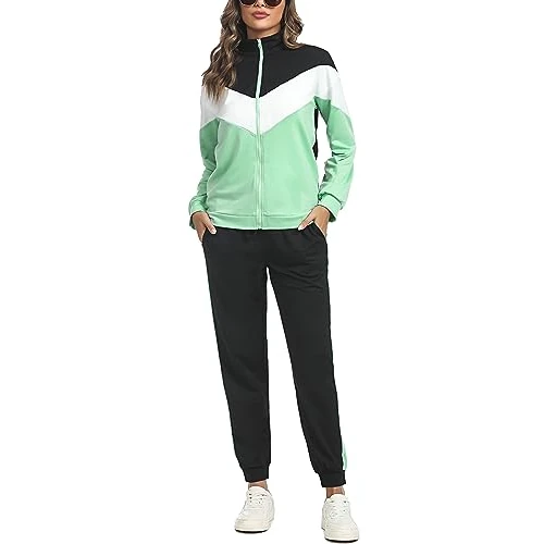 Marvmys Women's Tracksuit Colour Contrasting Stylish Sports Set Sportwear Long Sleeve Zip for Fitness Jogging, Green, 3XL
